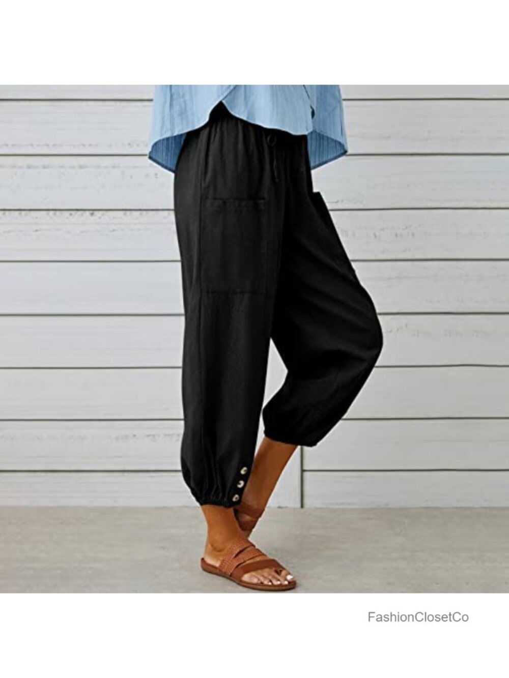 100% Cotton Elastic Waist Drawstring Capri Pants with Pockets - Picture 2 of 6